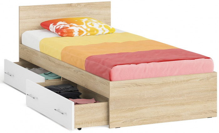 Мори Кровать с ящиками 0900, цвет дуб сонома/белый, ШхГхВ 93,5х203,5х70 см., сп.м. 900х2000 мм., без матраса, основание есть