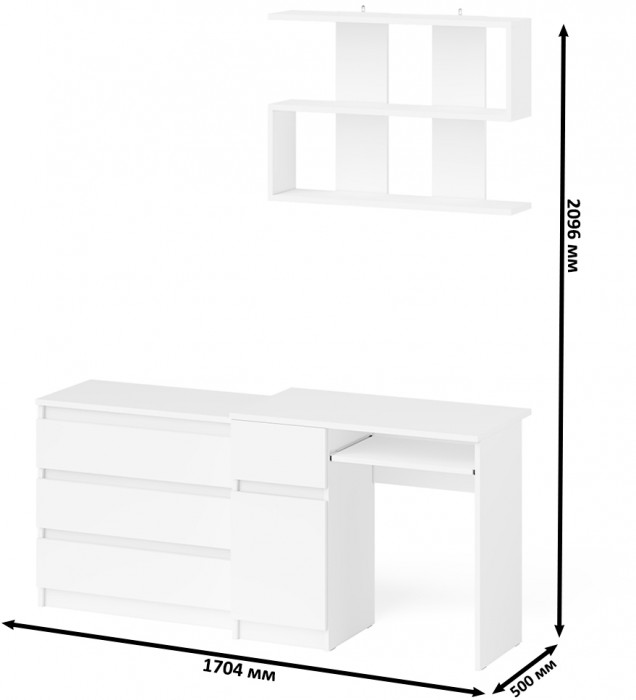 Мори Стол компьютерный МС-1 левый + Комод МК800.1 + Полка 900, цвет белый, ШхГхВ 170,4х50х209,6 см., НЕ универсальная сборка