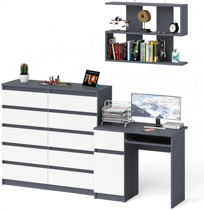 Мори Стол компьютерный МС-1 левый + Комод МК1200.10 + Полка 900, цвет графит/белый, ШхГхВ 210,4х50х209,6 см., НЕ универсальная сборка
