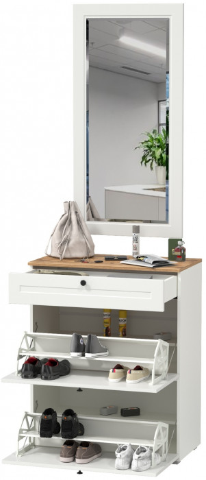 Остин 16.121 Тумба для обуви + 17.03 Зеркало, белый шагрень/дуб крафт золотой