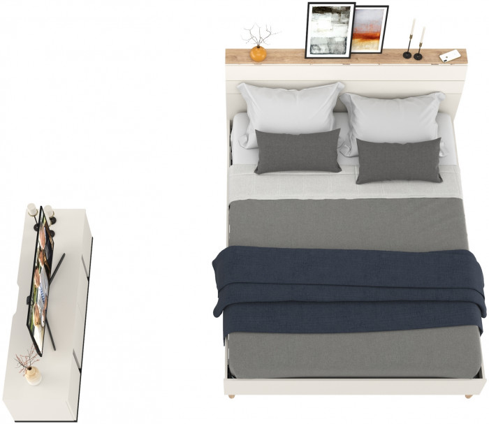 Муссон Кровать 11.41 + ортопед + Тумба под ТВ Квадро 13.276, цвет белый/чёрный/дуб эндгрейн элегантный, сп. м. 1600х2000 мм., б/м