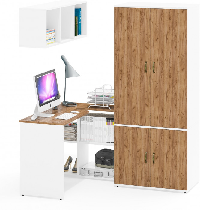 Лидер-8 Стол + Полка + Шкаф МД 19Б, цвет белый шагрень/крафт золото, ШхГхВ 245х50х75/190 или 115х160/50х75/190 см., НЕ универсальная сборка