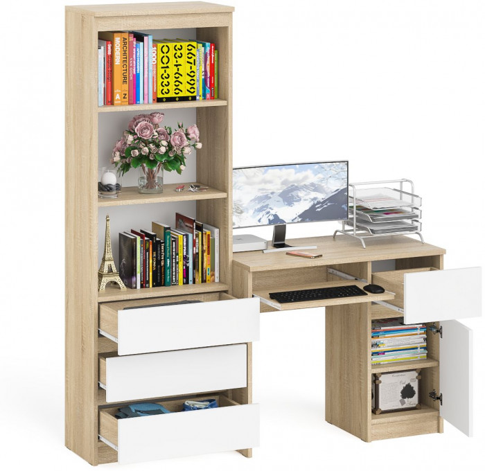 Мори Стол компьютерный МС-1 правый + Стеллаж МСТ600.3, цвет дуб сонома/белый, ШхГхВ 150,4х50х179,6 см., выдвижной ящик справа, НЕ универсальная сборка