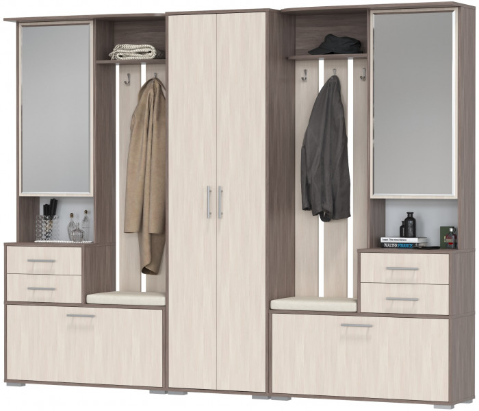 Прихожая Домино 3, цвет бодега тёмный/бодега светлый, ШхГхВ 260х36х202 см., универсальная сборка