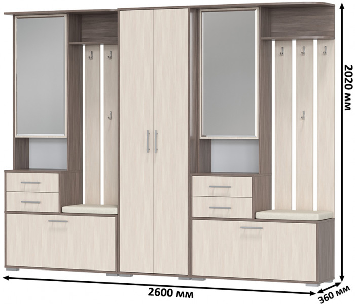 Прихожая Домино 3, цвет бодега тёмный/бодега светлый, ШхГхВ 260х36х202 см., универсальная сборка