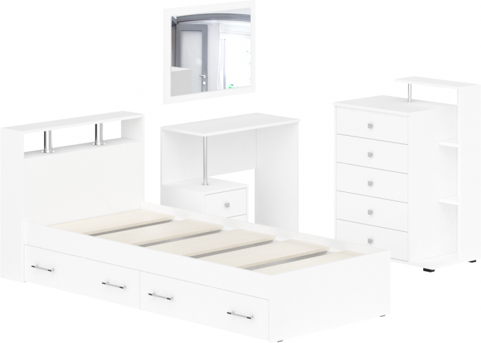 Камелия спальня № 14 Кровать с ящиками 900 + Стол косметический + Зеркало + Комод, цвет белый, сп.м. 900х2000 мм., б/м, основание есть