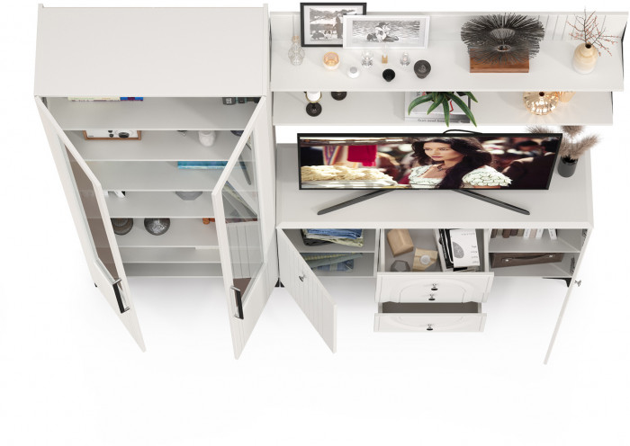 Валенсия Гостиная № 097, цвет ЛДСП белый шагрень/МДФ белый шагрень, ШхГхВ 217,3х38,4х225,2 см., универсальная сборка