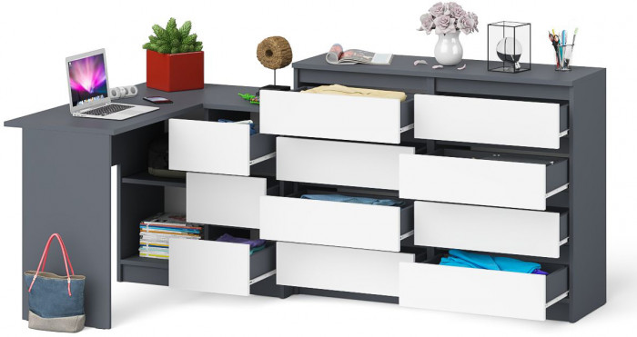 Мори компьютерный стол МС-16 правый + Комод МК1200.8, графит/белый