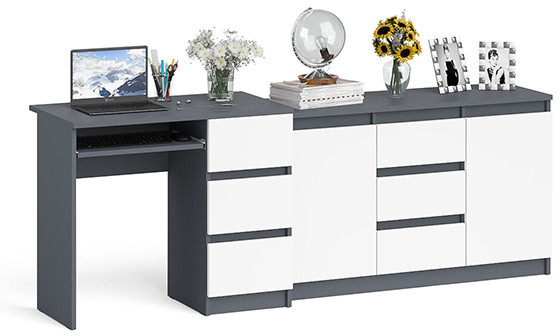 Мори компьютерный стол МС-6 правый + Комод МК1200.3, графит/белый