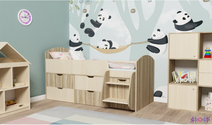 Кровать-чердак Малыш 7 (Дуб молочный/Лайм)