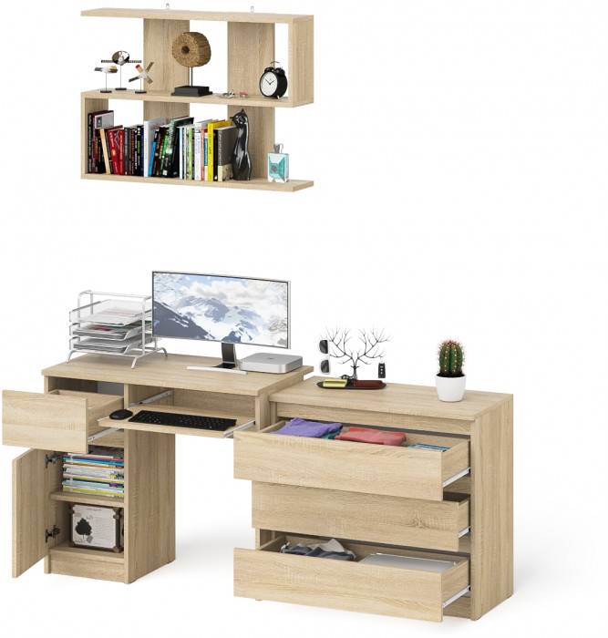 Мори Стол компьютерный МС-1 левый + Комод МК800.1 + Полка 900, цвет дуб сонома, ШхГхВ 170,4х50х209,6 см., НЕ универсальная сборка