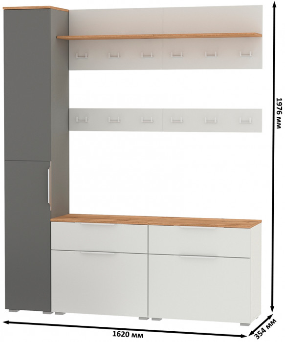 Октава Прихожая 52, цвет белый шагрень/серый графит/дуб крафт золотой/фасады МДФ белый шагрень/серый графит, ШхГхВ 162х35,4х197,6 см., ун. сборка