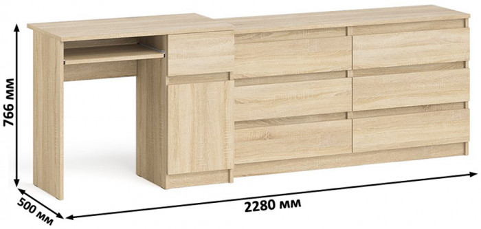Мори компьютерный стол МС-1 правый + Комод МК1380.6, дуб сонома