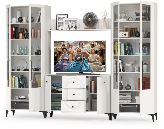 Валенсия Гостиная № 102, цвет ЛДСП белый шагрень/МДФ белый шагрень, ШхГхВ 301,4х38,4х225,2 см., ниша для ТВ 133х38х100 см.