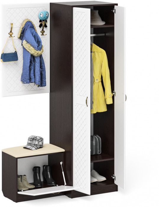 Прихожая П-6 Компоновка № 12, цвет венге/фасады МДФ белое дерево фрезеровка ромб, ШхГхВ 120х50х210 см., универсальная сборка