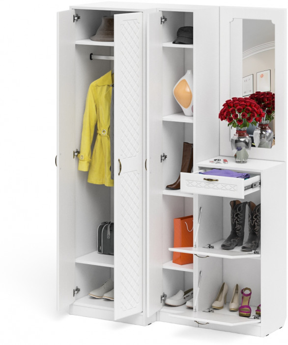 Прихожая П-6 Компоновка № 29, цвет белая шагрень/фасады МДФ белое дерево фрезеровка ромб, ШхГхВ 140х50х210 см., универсальная сборка