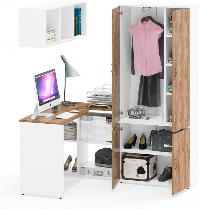 Лидер-8 Стол + Полка + Шкаф МД 20Б, цвет белый шагрень/крафт золото, ШхГхВ 245х50/37,5х75/190 или 115х160/50х75/190 см., НЕ универсальная сборка