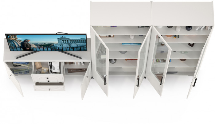 Валенсия Гостиная № 111, цвет ЛДСП белый шагрень/МДФ белый шагрень, ШхГхВ 301,4х38,4х225,2 см., универсальная сборка