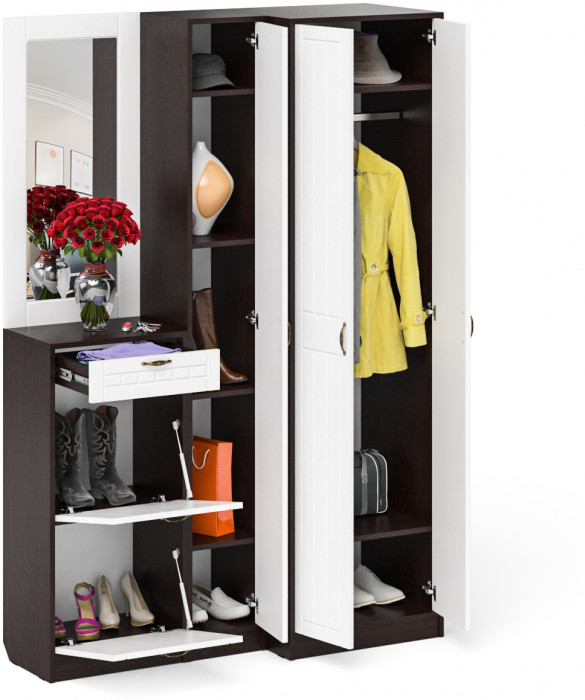 Прихожая П-6 Компоновка № 29, цвет венге/фасады МДФ белое дерево фрезеровка прованс, ШхГхВ 140х50х210 см., универсальная сборка