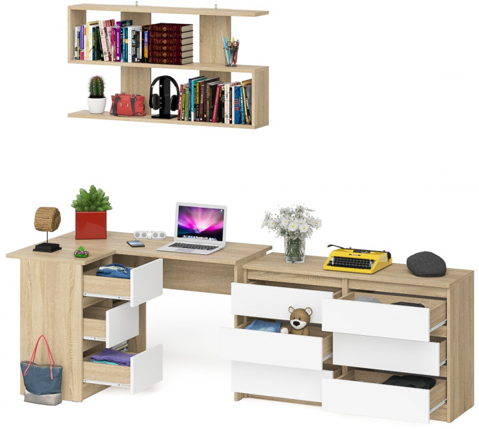Мори компьютерный стол МС-16 левый + Комод МК1200.6 + Полка 1200, дуб сонома/белый