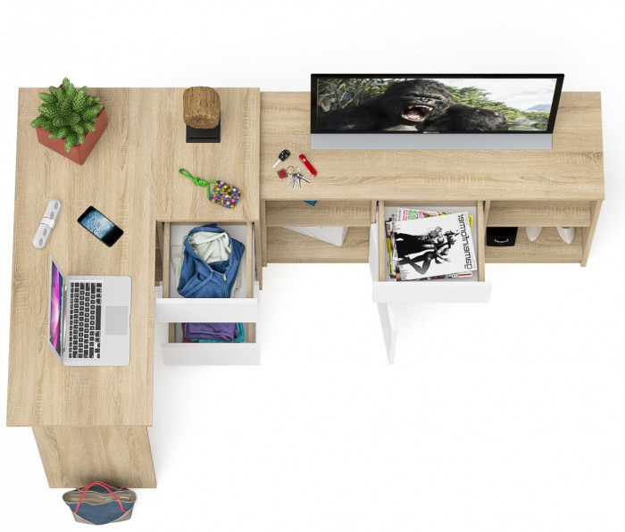 Мори Стол компьютерный МС-16 правый + Тумба МТВ1204.1, цвет дуб сонома/белый, ШхГхВ 244,8х84,9х76,6 см., выдвижные ящики справа, НЕ универс. сборка