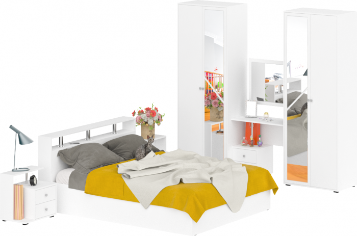 Камелия спальня № 2 Кровать 1600 + Две тумбы + Стол косметич. + Зеркало + Шкаф 4-х, цвет белый, сп.м. 1600х2000 мм., б/м, осн. есть