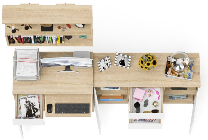 Мори компьютерный стол МС-1 левый + Комод МК1200.3 + Полка 900, дуб сонома/белый