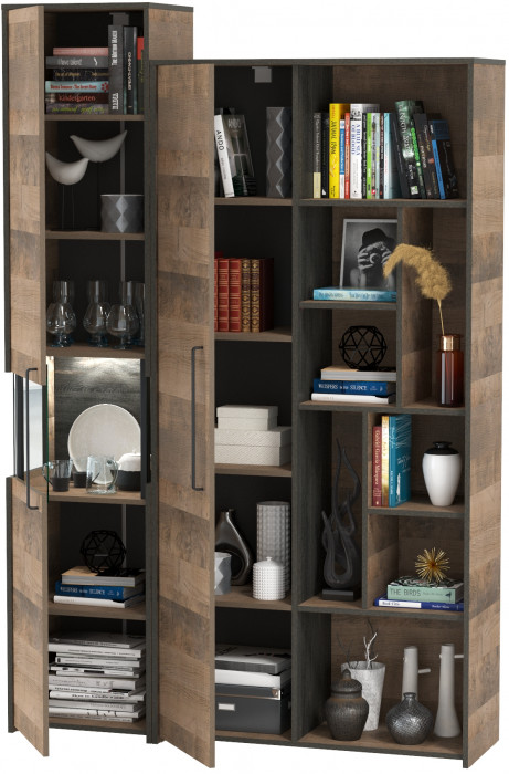 Трувор 13.205 Шкаф-пенал с витриной + 13.206 Шкаф-стеллаж, дуб гранж песочный/интра