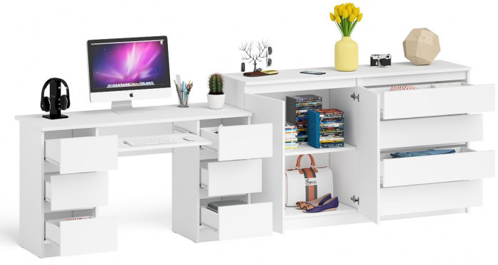 Мори компьютерный стол МС-2 + Комод МК1600.1, белый
