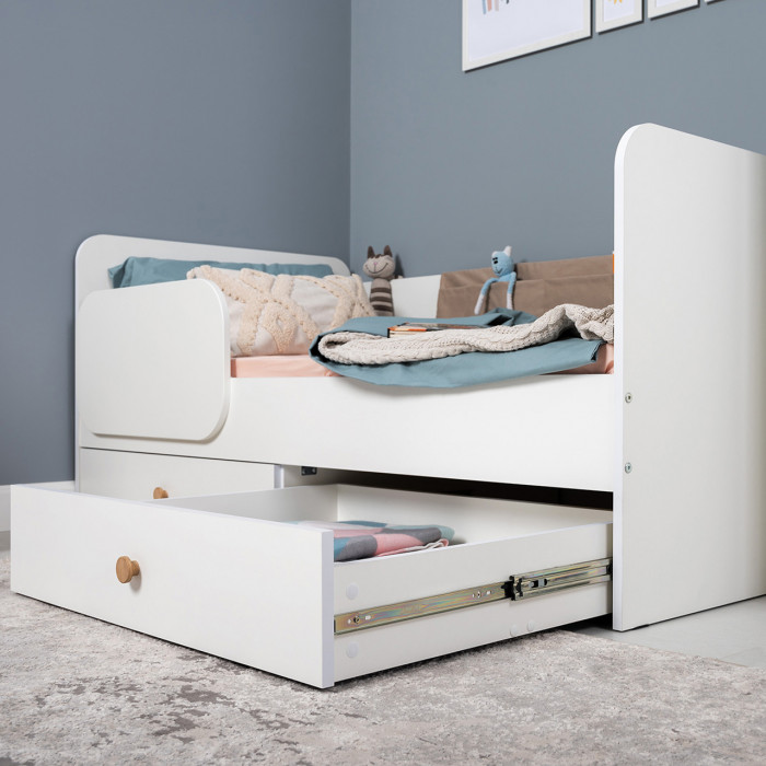 Джастин 11.55 Кровать + Накладка-карман, цвет белый шагрень/ткань серо-бежевая, ШхГхВ 163,8х84х70,6 см., сп. м. 800х1600 мм., б/м, основание есть