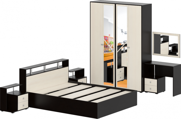 Камелия спальня № 2 Кровать 1600 + Две тумбы + Стол косметич. + Зеркало + Шкаф 4-х, цвет венге/дуб лоредо, сп.м. 1600х2000 мм., б/м, осн. есть