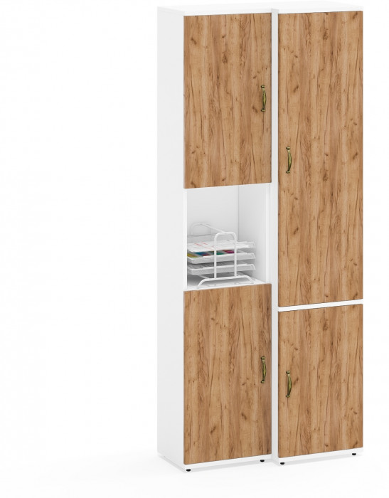 Лидер-8 Модуль Пенал + Пенал МД 21Б, цвет белый шагрень/крафт золото, ШхГхВ 80х37,5х190 см., универсальная сборка