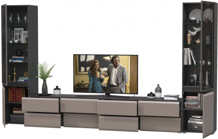 Сидней Комплектация № 130, цвет корпус: антрацит/фасады: МДФ веллюто капучино, ШхГхВ 359,8х41,3х205,2 см., универсальня сборка