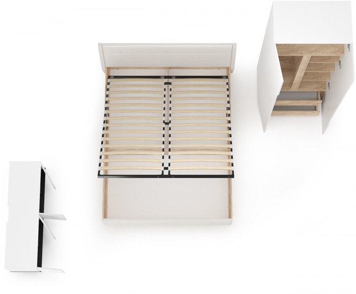 Муссон Спальня № 08, цвет белый/дуб эндгрейн элегантный/искусственная кожа белая, подъёмный ортопед, сп. м. 1600х2000 мм., б/м