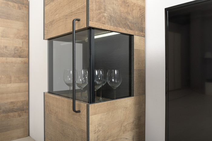 Трувор 13.205 Шкаф-пенал с витриной + 13.306 Комод с витриной, дуб гранж песочный/интра