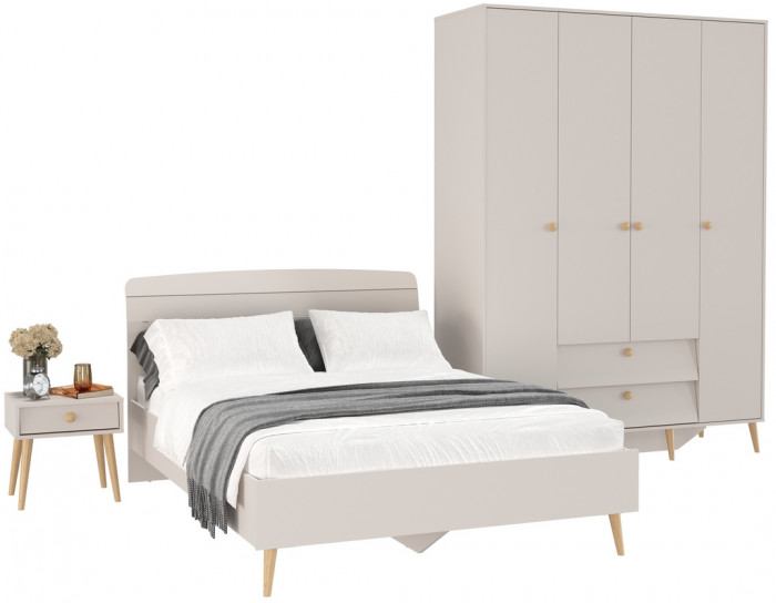 Афина Спальня Кровать 1400 + Шкаф 4-х дверный + Тумба, цвет кашемир серый, 144,6х210,2х95,7 + 160х56,3х220 + 45х37х45 см., 1400х2000, б/м, осн. есть