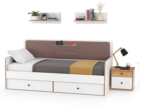 Вуди Компоновка № 34, цвет белый премиум/дуб крафт золотой/саванна латте, сп. м. 900х2000 мм., б/м, основание есть, матрас высотой до 200 мм.