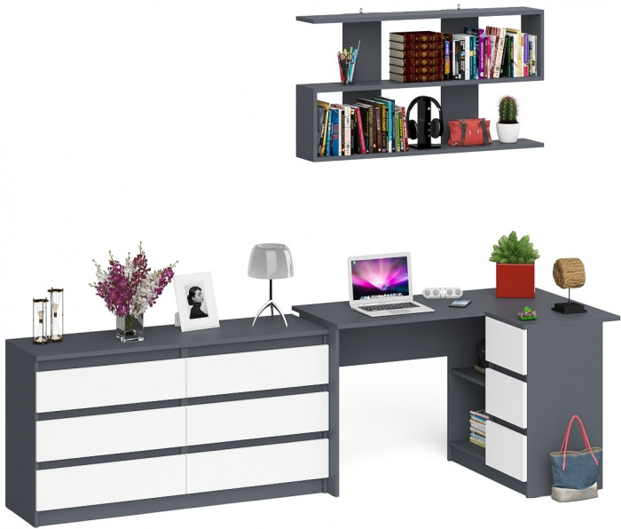Мори компьютерный стол МС-16 правый + Комод МК1380.6 + Полка 1200, графит/белый