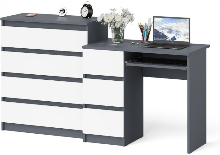 Мори компьютерный стол МС-6 левый + Комод МК800.4, графит/белый