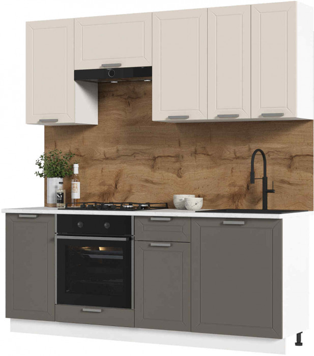 Кухня Альфа 2,0 м комби верх белый, низ вулкан (корпус белый, столешница мрамор лацио)