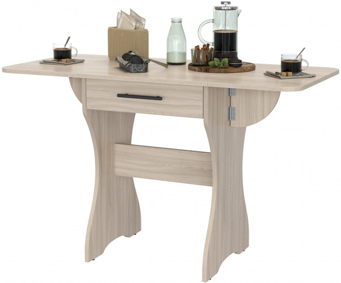 Стол обеденный раскладной с ящиком 6-02.120ТМяс.св, цвет ясень шимо светлый, ШхГхВ 120х57х75 см., 60х57х75 см. сложенный