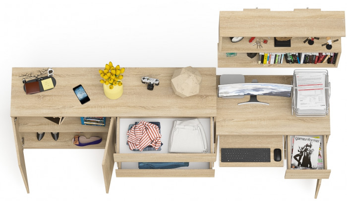 Мори компьютерный стол МС-1 правый + Комод МК1600.1 + Полка 900, дуб сонома