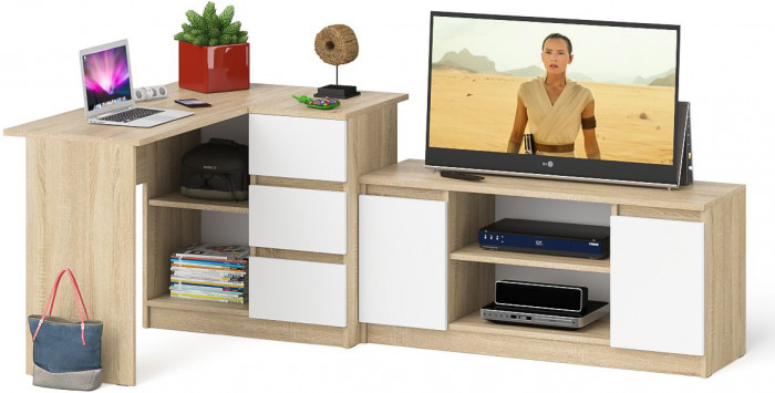 Мори Стол компьютерный МС-16 правый + Тумба МТВ1200.1, цвет дуб сонома/белый, ШхГхВ 244,8х84,9х76,6 см., выдвижные ящики справа, НЕ универс. сборка