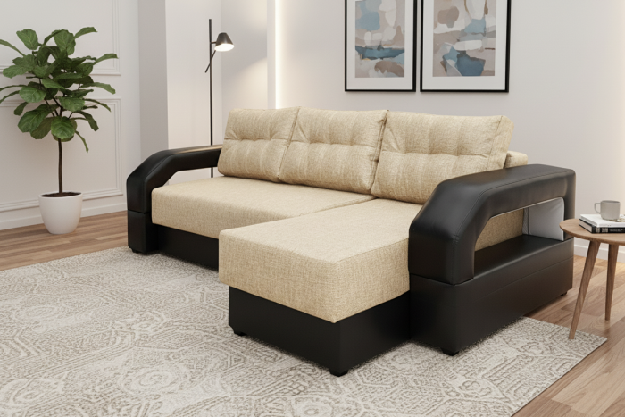 Угловой диван-еврокнижка Манчестер 160х200, с подсветкой, велюр/экокожа бежевая/коричневая