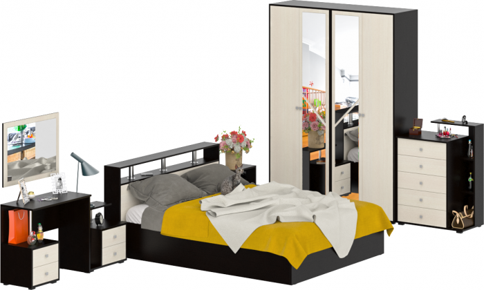 Камелия спальня № 3 Кровать 1600 + Две тумбы + Стол косметич. + Зеркало + Комод + Шкаф 4-х, цвет венге/дуб лоредо, сп.м. 1600х2000 мм., б/м, осн. есть