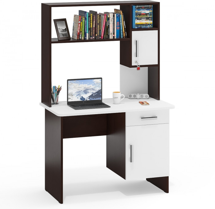 Стол письменный с надстройкой С-МД-1-09Н, цвет венге/белый шагрень, ШхГхВ 105х57х162 см., НЕ универсальная сборка