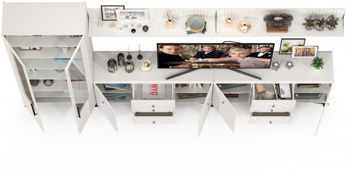 Валенсия Гостиная № 121, цвет ЛДСП белый шагрень/МДФ белый шагрень, ШхГхВ 350,4х38,4х225,2 см., универсальная сборка