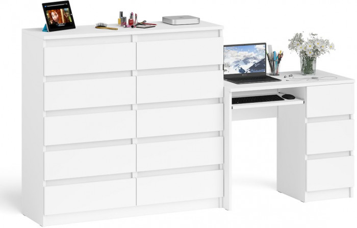 Мори Стол компьютерный МС-6 правый + Комод МК1200.10, цвет белый, ШхГхВ 210,4х50х115 см., выдвижные ящики справа, НЕ универсальная сборка