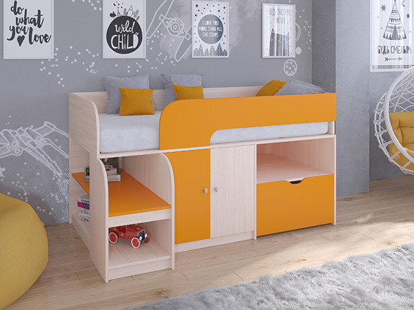 Кровать чердак Астра 9 V4 Дуб молочный/Оранжевый