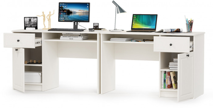 Роуз 12.148 письменный стол +12.148письменный стол, ЛДСП белый(тиснение Поры дерева)/МДФясень ваниль